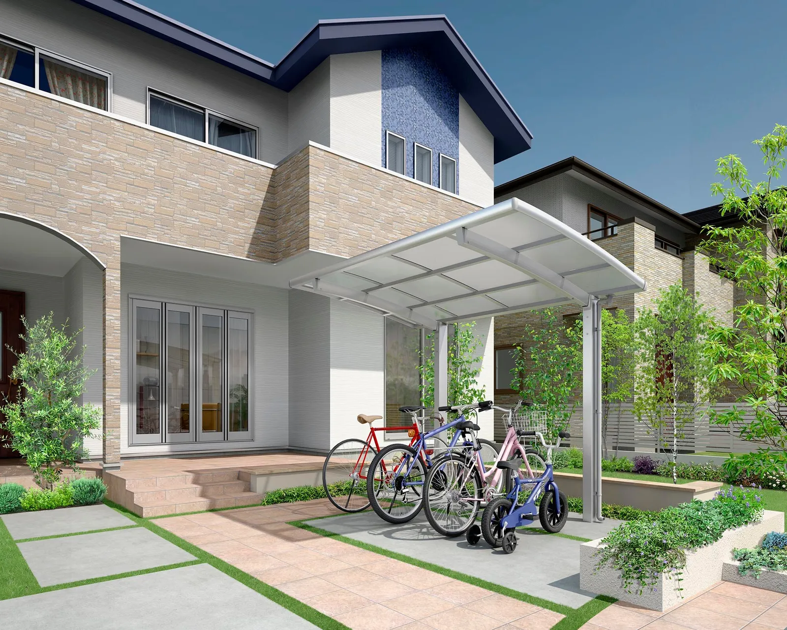 自転車を置いた住宅の前に建つ、アール屋根のサイクルポート(フーゴR ミニ)